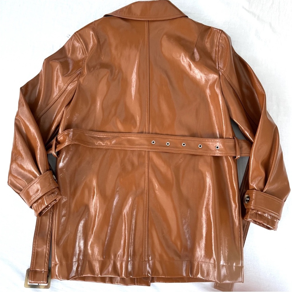 Topshop Women Casey Brown Belted Glossy High Impact Button Front Vegan Jacket - Picture 8 of 15